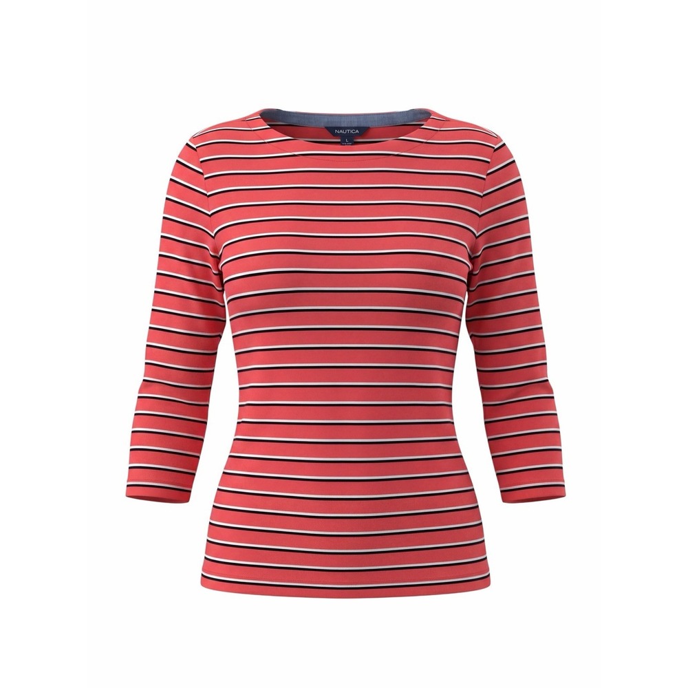 Nautica Women's Size Medium Orange Striped Nautical Beach Flip Cuff Top Shirt